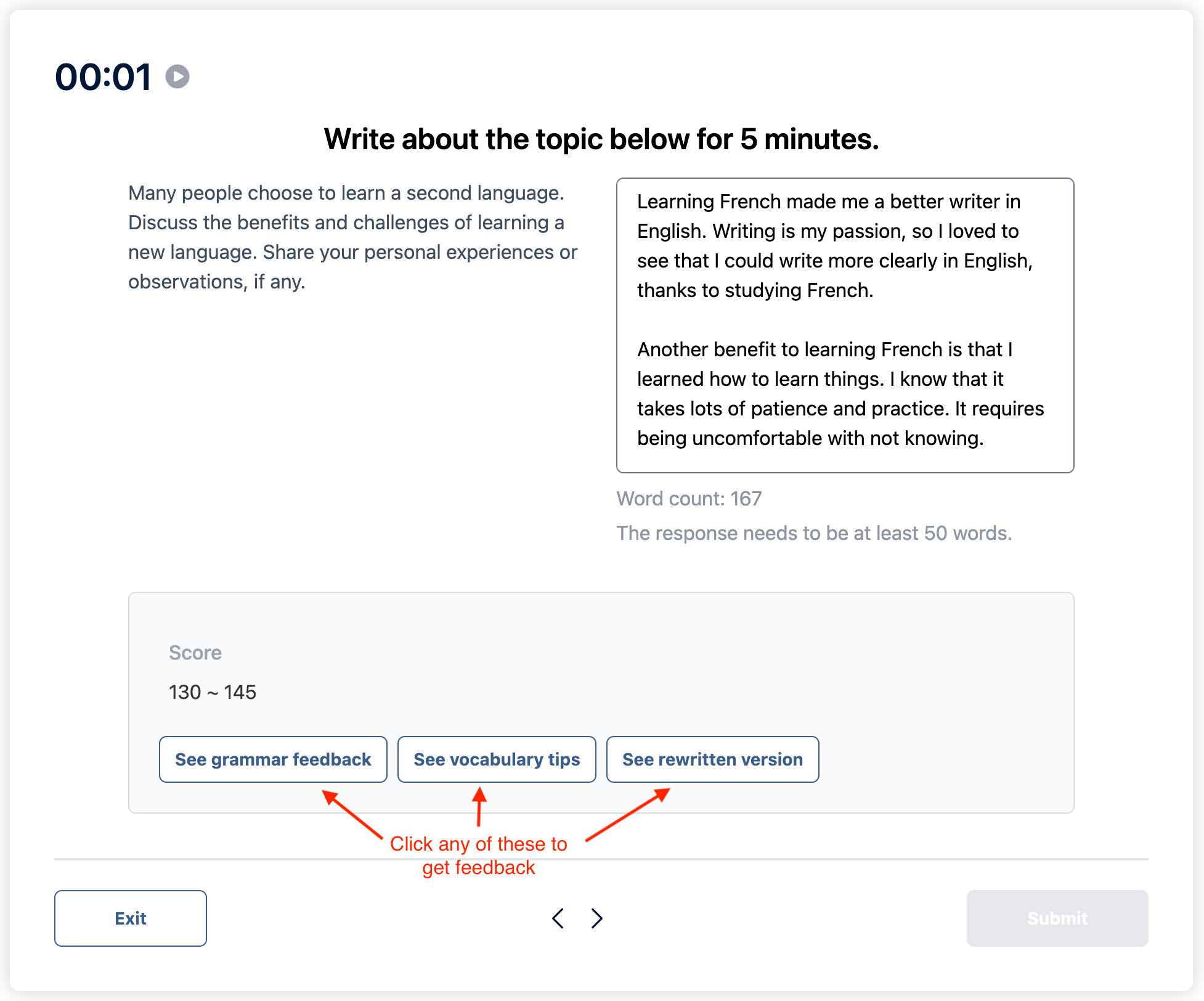 Screenshot showing the different kinds of feedback Arno gives you: "See grammar feedback," "See vocabulary tips," and "See rewritten version"