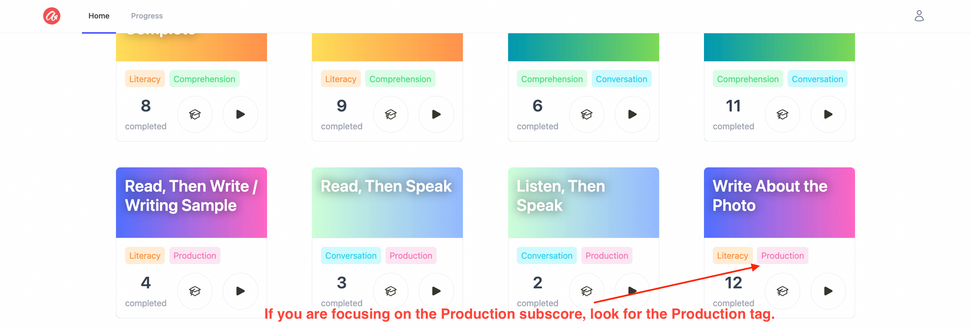 Screenshot showing how each question type in Arno is tagged with the subscores it counts toward.