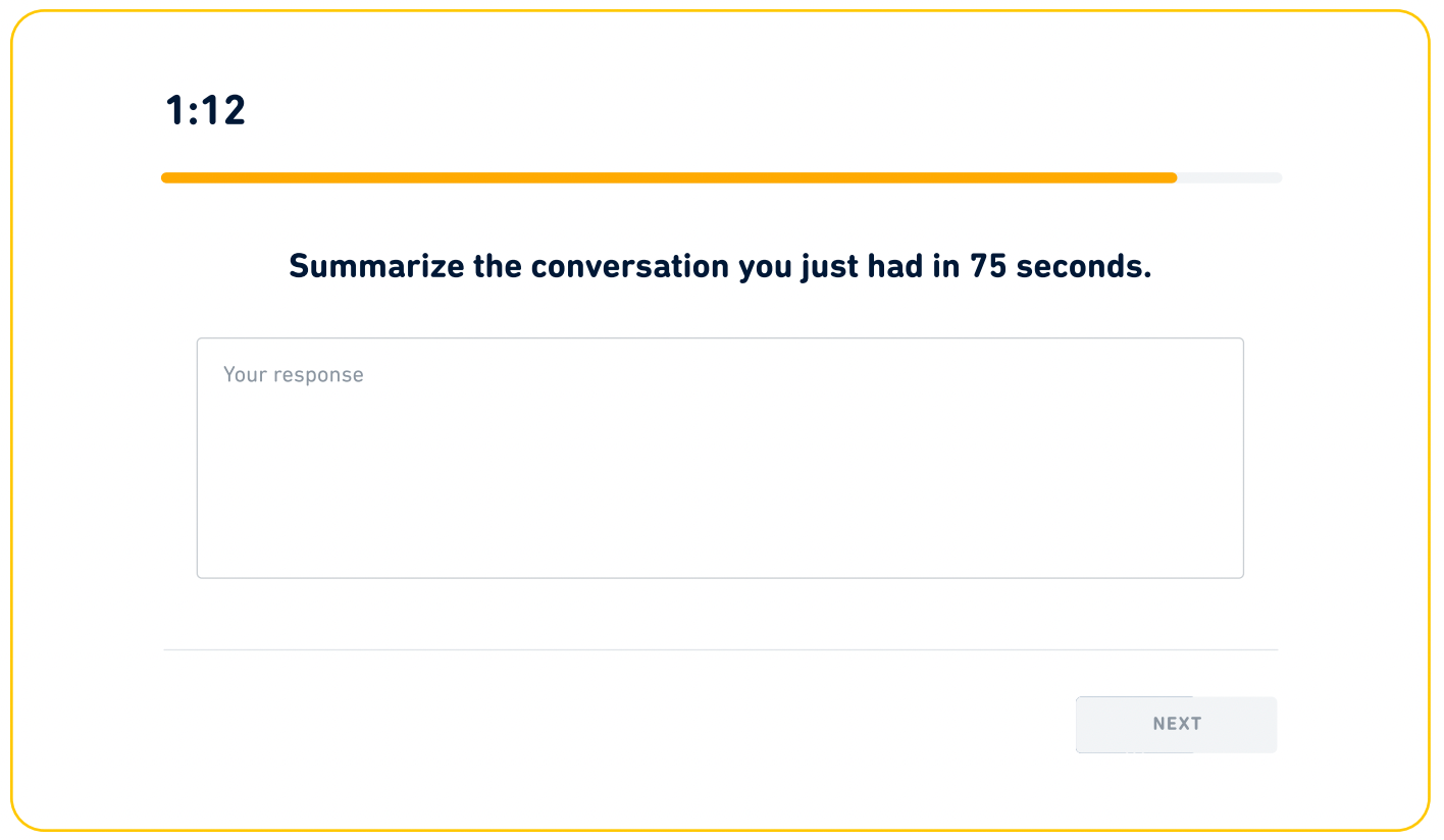 A "Summarize the Conversation" question from the Duolingo English Test