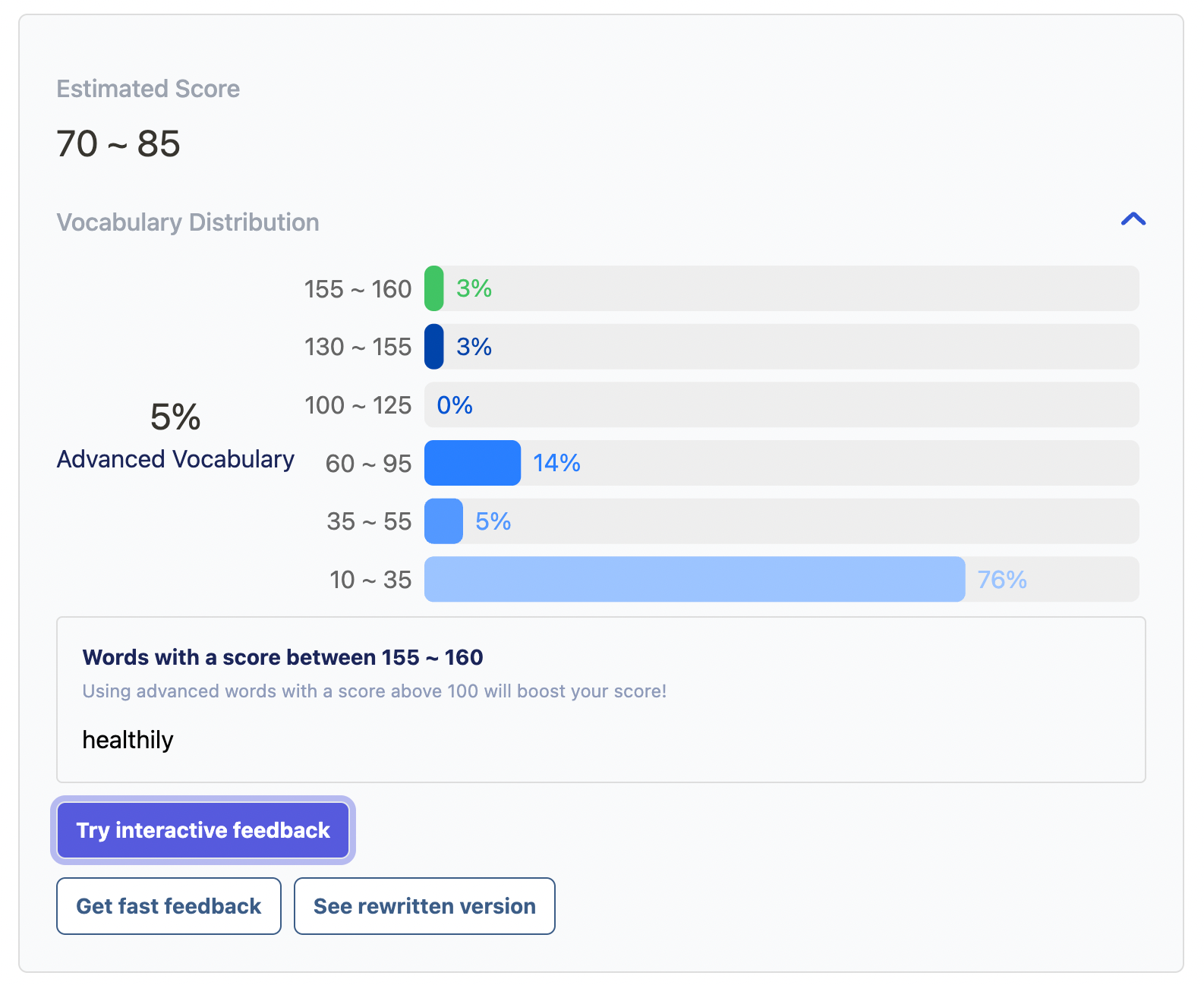 Screenshot showing how Arno gives you an estimated score and breakdown of your vocabulary.