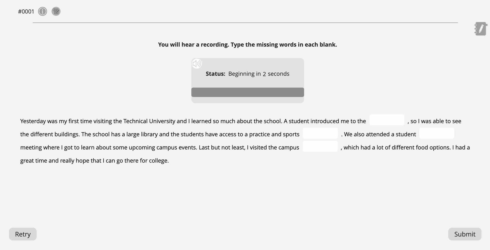 Example of the Fill in the Blanks question type on the Pearson Test of English Academic