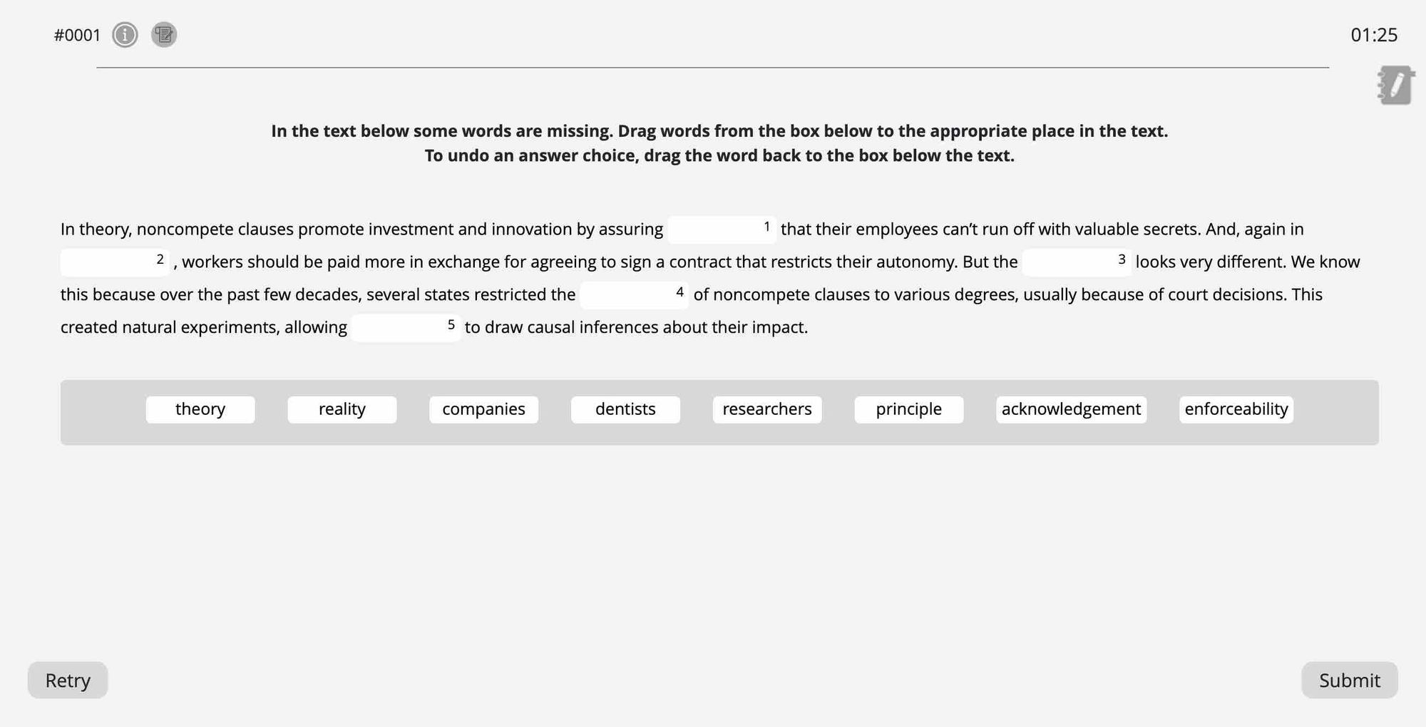 Example of the Fill in the Blanks question type on the Pearson Test of English Academic