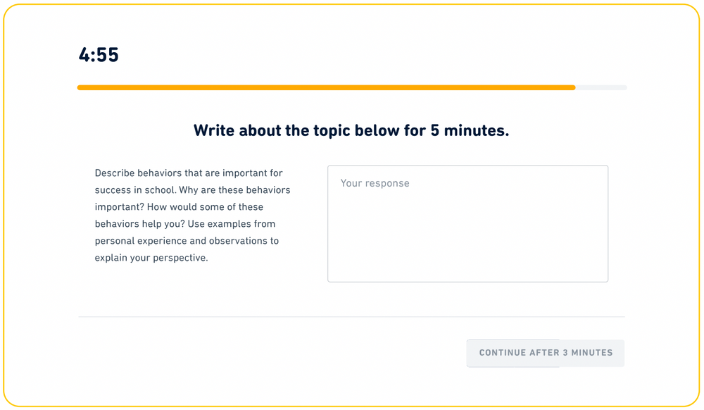 Tipo de pregunta "Muestra de escritura" en el Duoling English Test. El mensaje dice: escriba sobre el tema siguiente durante 5 minutos.  El tema es describir comportamientos que son importantes para el éxito en la escuela.