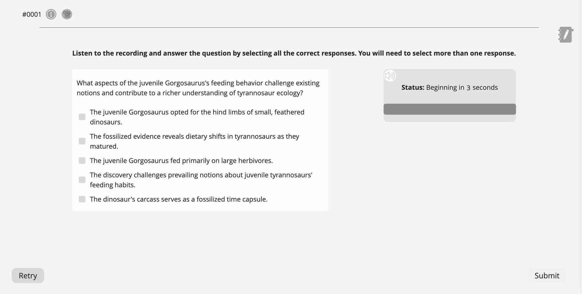 Example of the Multiple Choice, Multiple Answers question type on the Pearson Test of English Academic