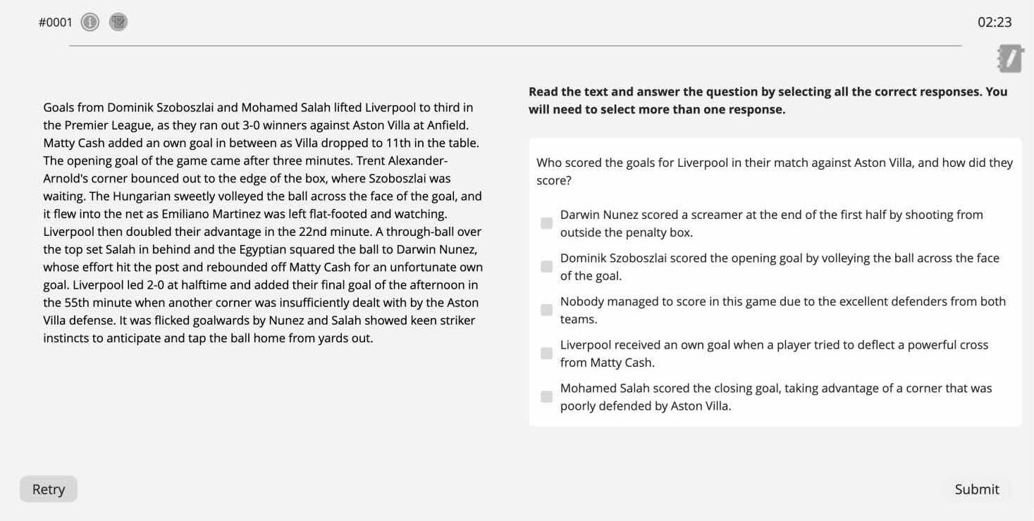 Example of the Multiple Choice, Multiple Answers question type on the Pearson Test of English Academic