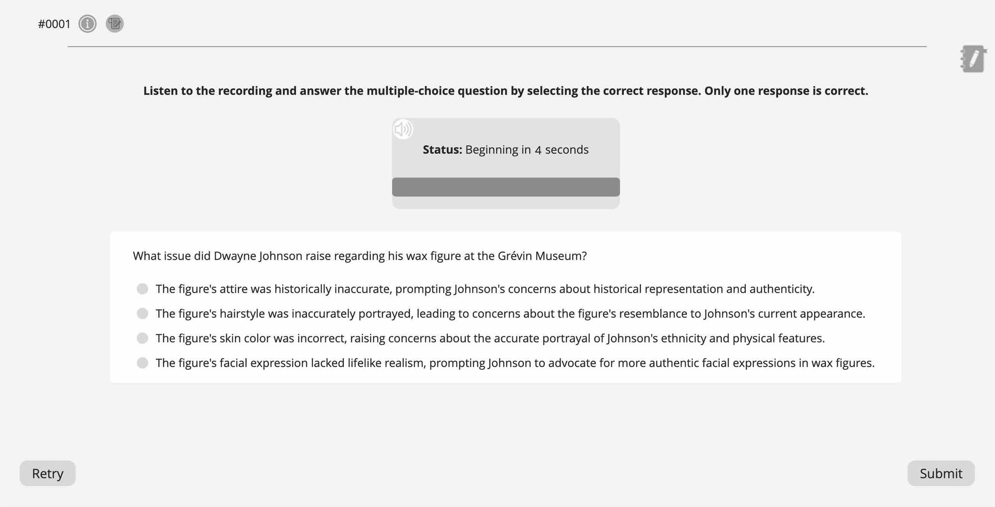 Example of the Multiple Choice, Single Answer question type on the Pearson Test of English Academic