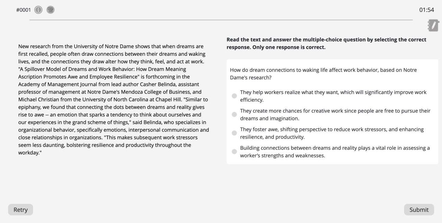 Example of the Multiple Choice, Single Answer question type on the Pearson Test of English Academic