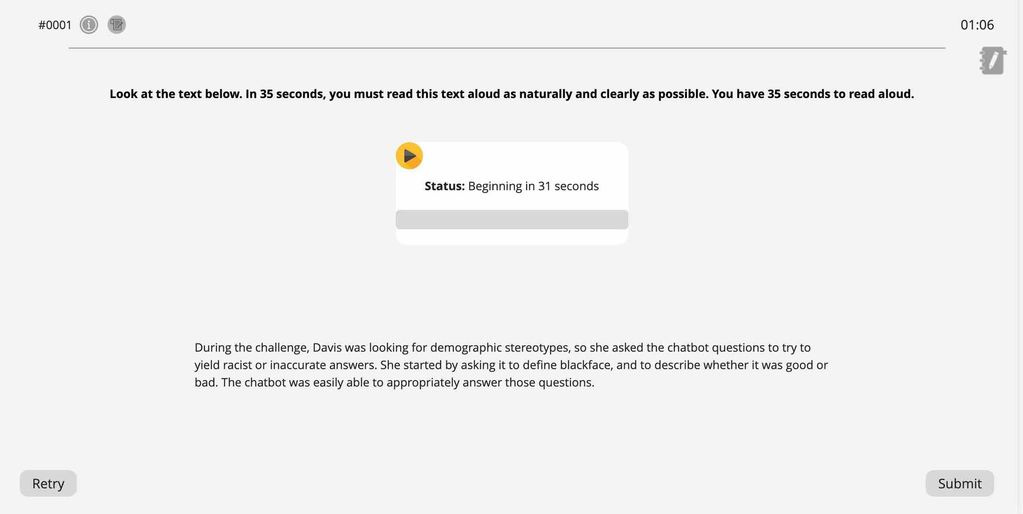 Example of the Read Aloud question type on the Pearson Test of English Academic