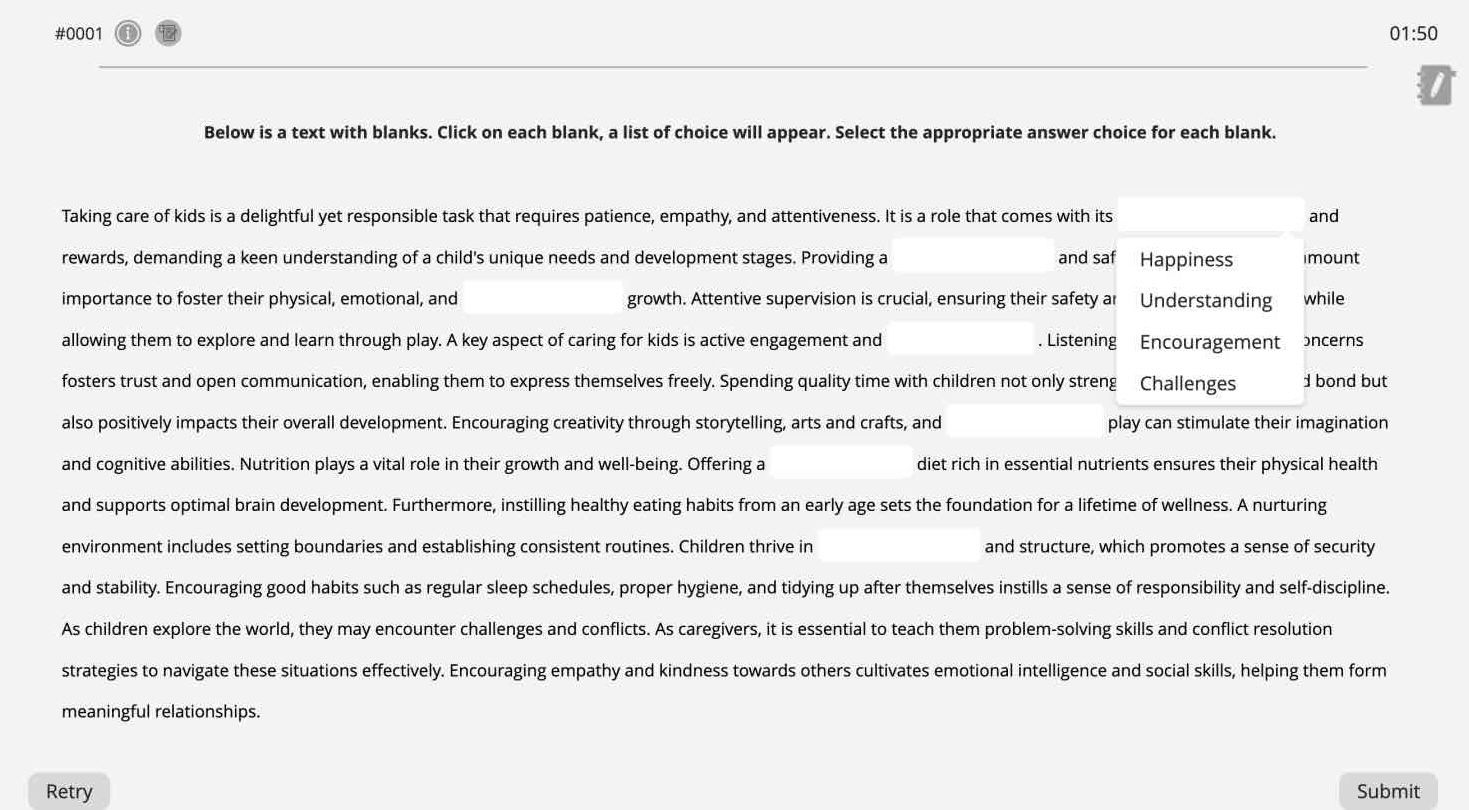 Example of the Read & Writing: Fill in the Blanks question type on the Pearson Test of English Academic