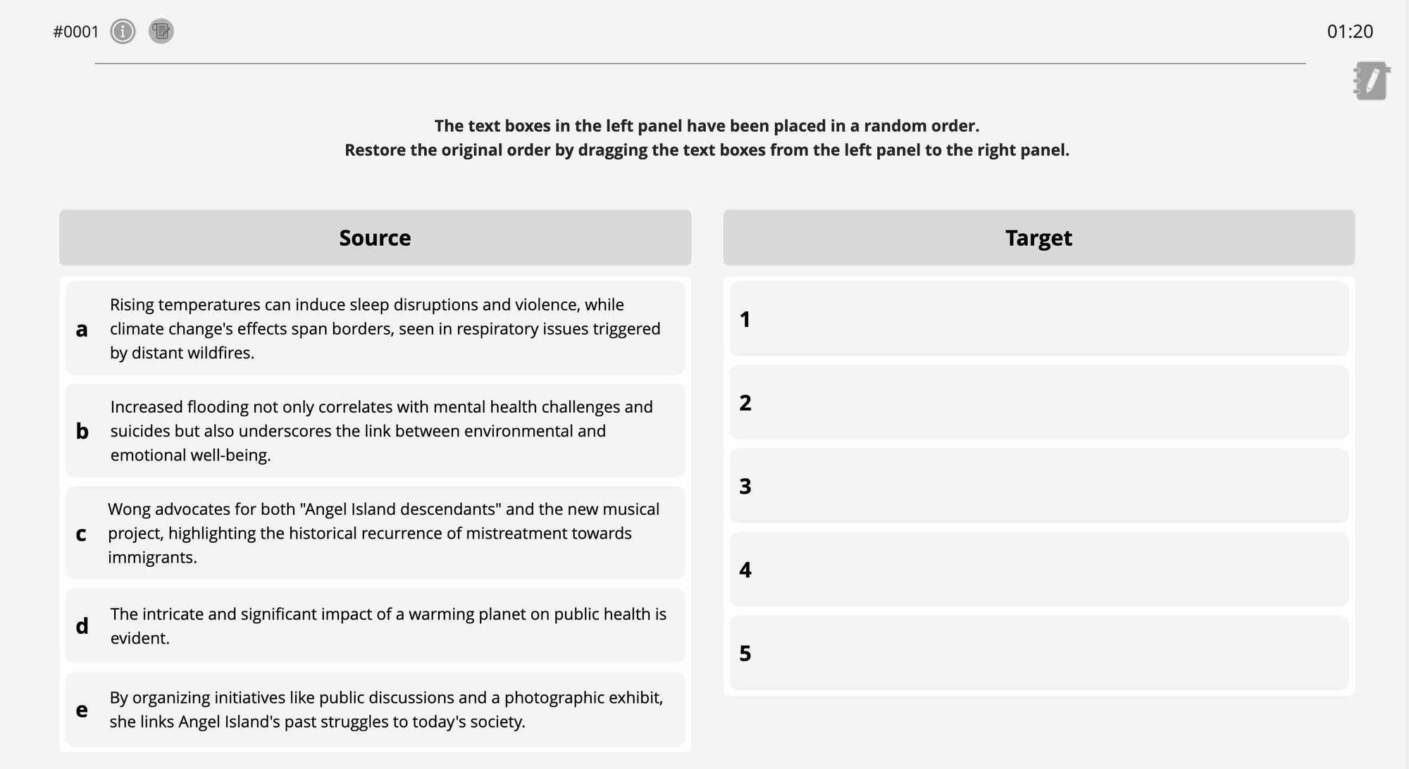 Example of the Re-order Paragraphs question type on the Pearson Test of English Academic