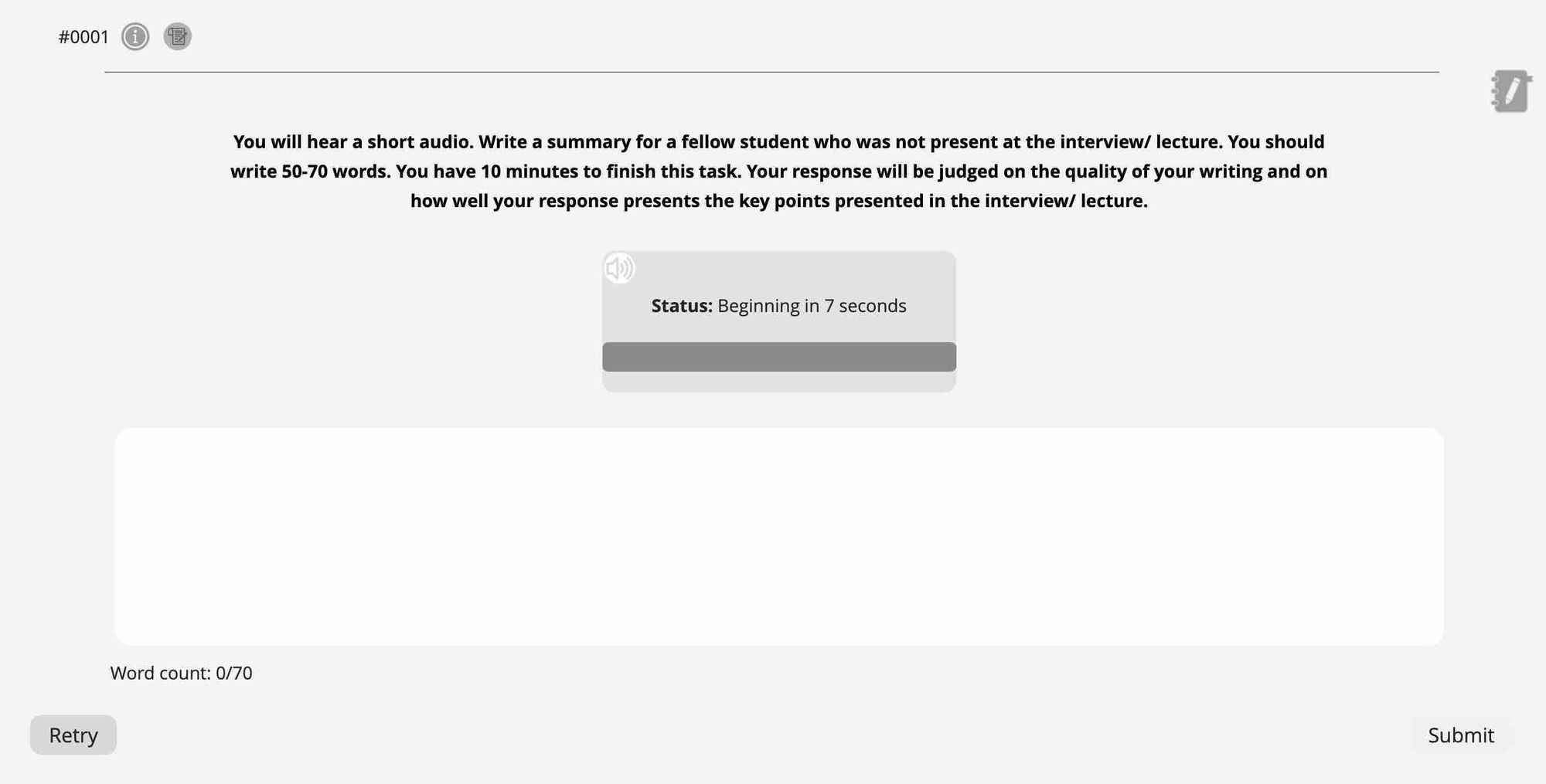 Example of the Summarize Spoken Text question type on the Pearson Test of English Academic