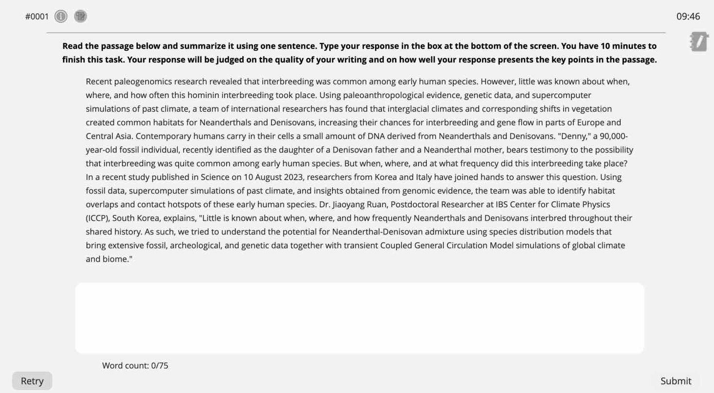 Example of the Summarize Written Text question type on the Pearson Test of English Academic