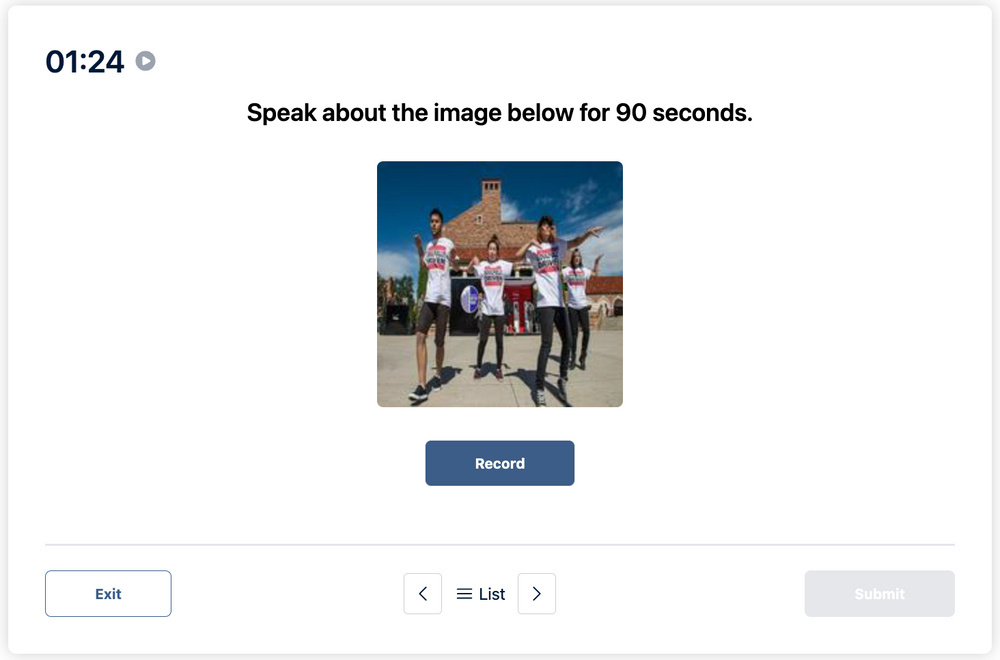 El mensaje dice que hable sobre la imagen a continuación durante 90 segundos en el Duolingo English Test. Se muestra a un grupo de adultos jóvenes bailando afuera.