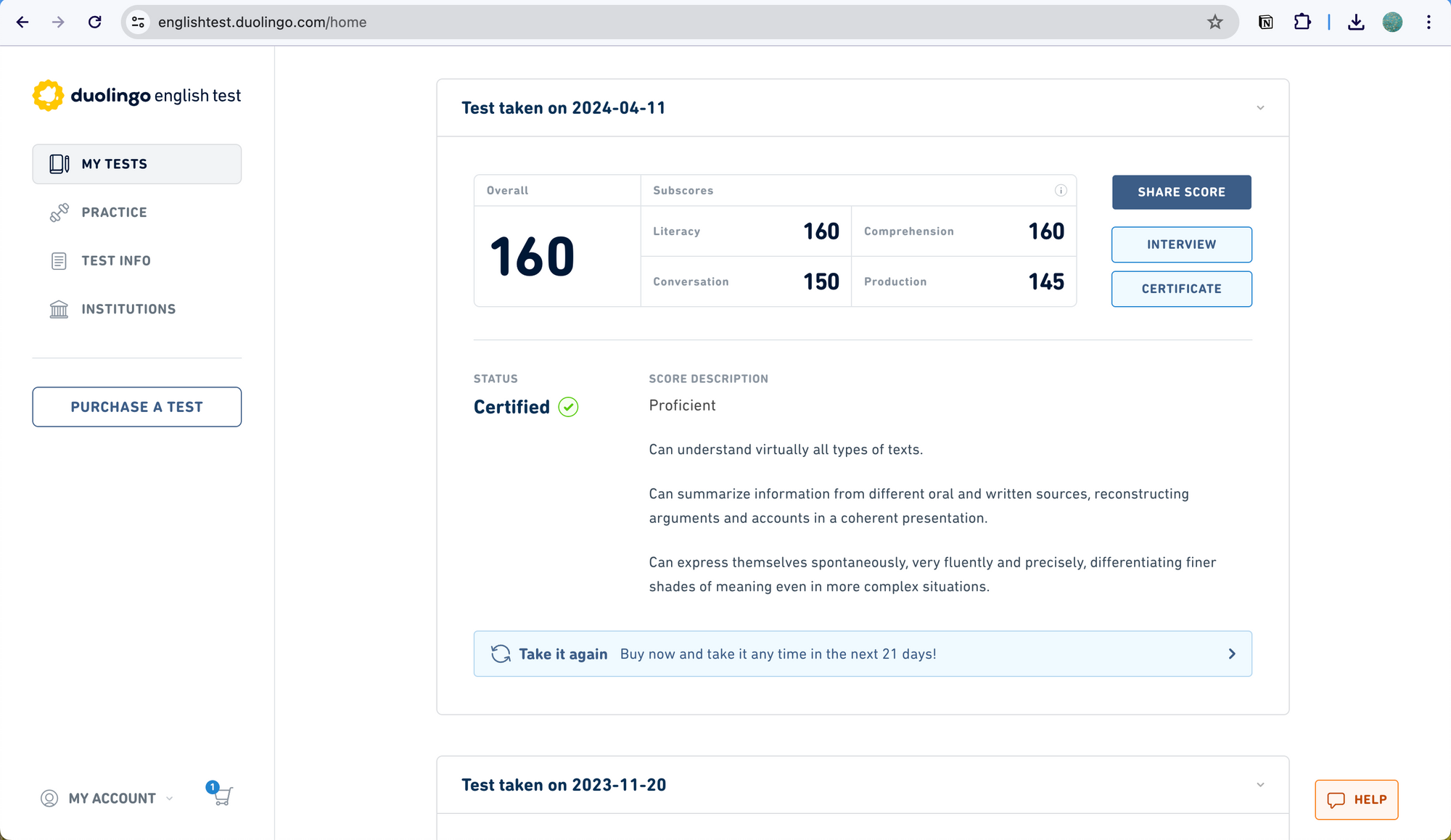 Screenshot showing your results in the DET dashboard