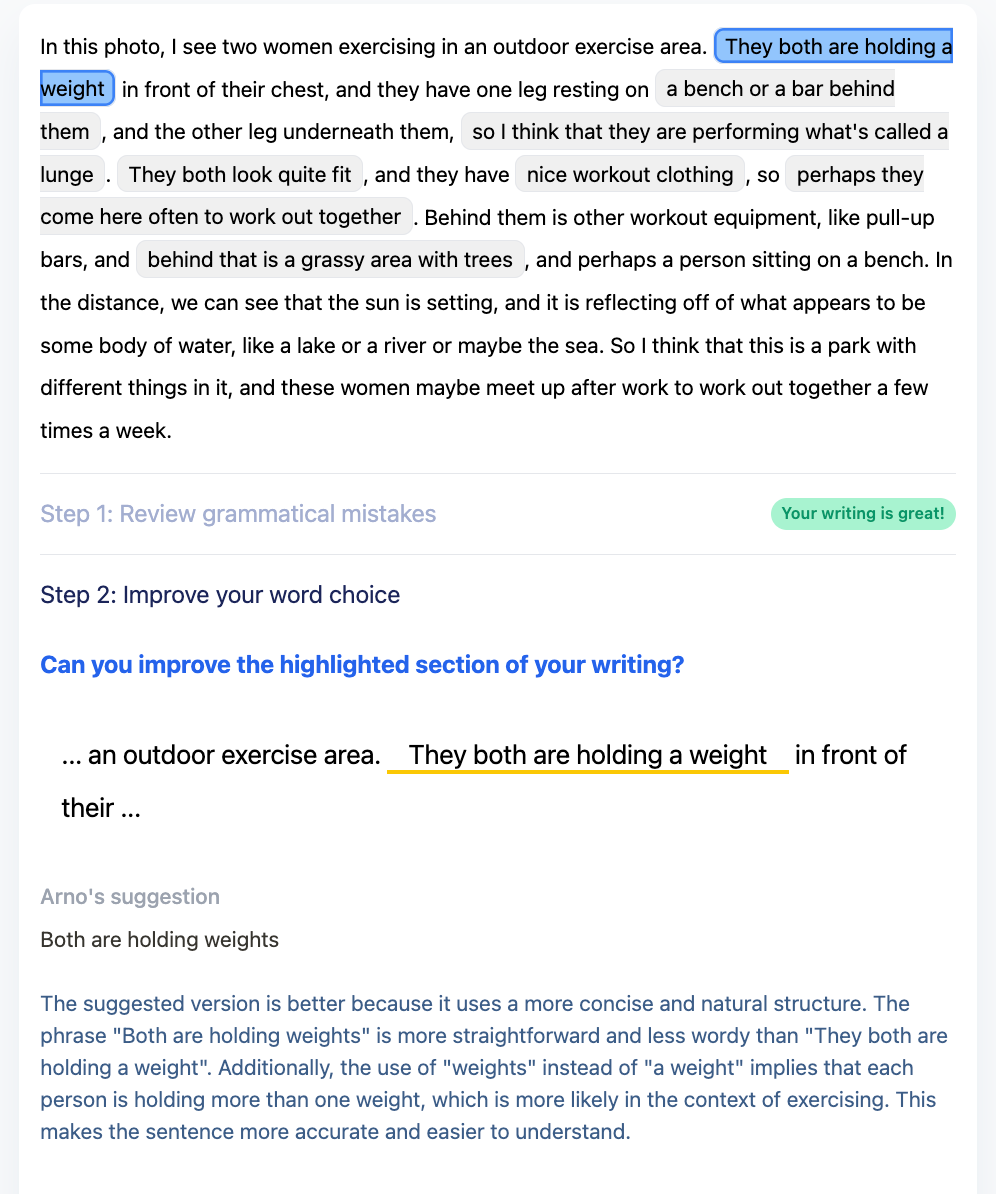 Screenshot showing how Arno gives you detailed feedback on your grammar and vocabulary.