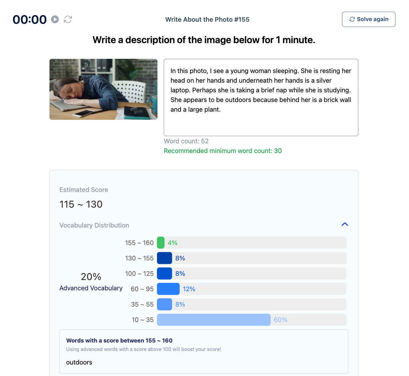 Screenshot showing how Arno will give you an instant estimated score and breakdown of how much advanced vocabulary you used in your response.