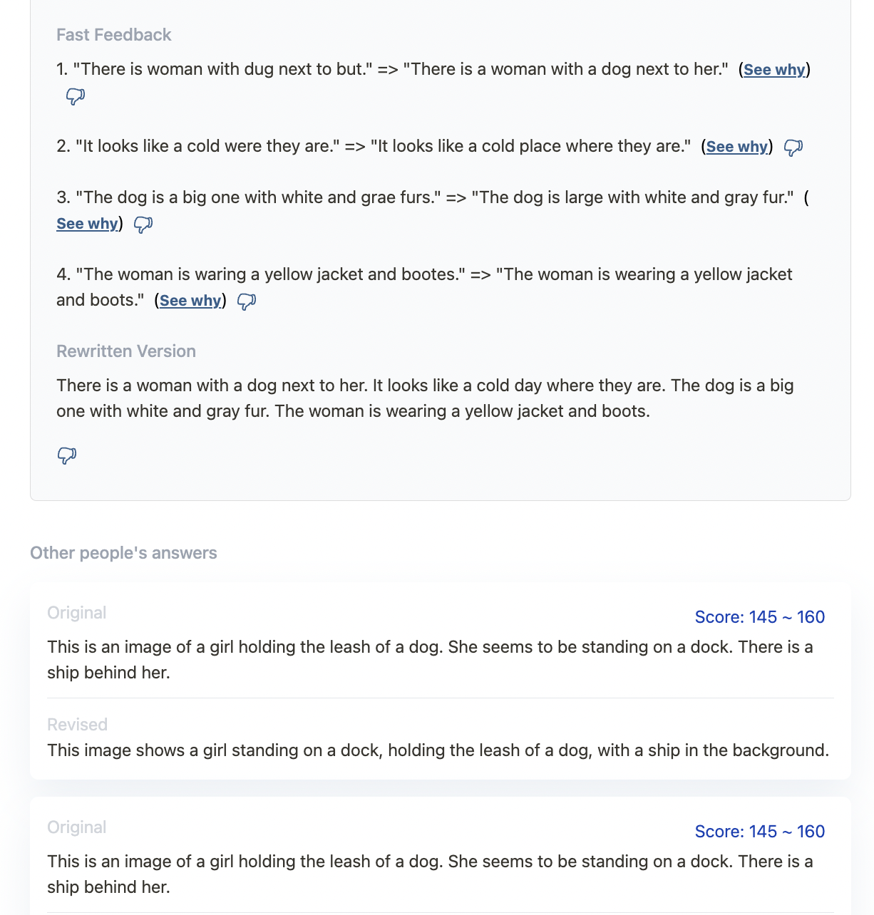 Screenshot showing how Arno gives you detailed feedback on your grammar and vocabulary. It will even rewrite your answer to make it sound like a native speaker wrote it! You can also view other people's answers.