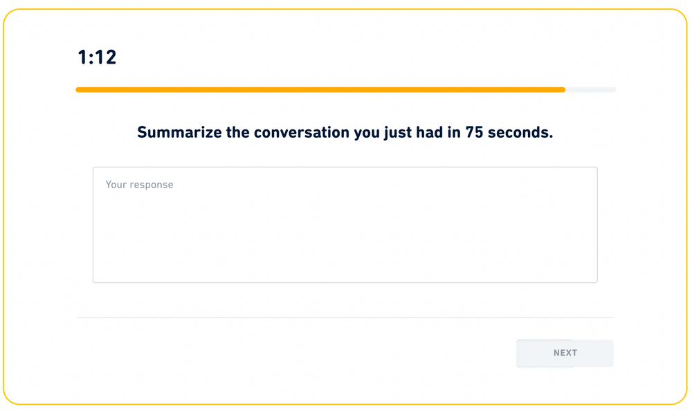 Tipo de pregunta "Resumir la conversación" en el Duolingo English Test. El mensaje dice que resumas la conversación que acabas de tener en 75 segundos.