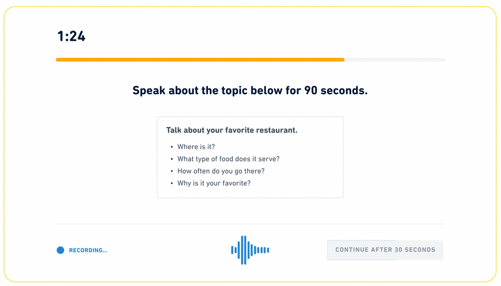 Tipo de pregunta "Lee, luego habla" en el Duolingo English Test. El mensaje dice que hable sobre la imagen a continuación durante 90 segundos.