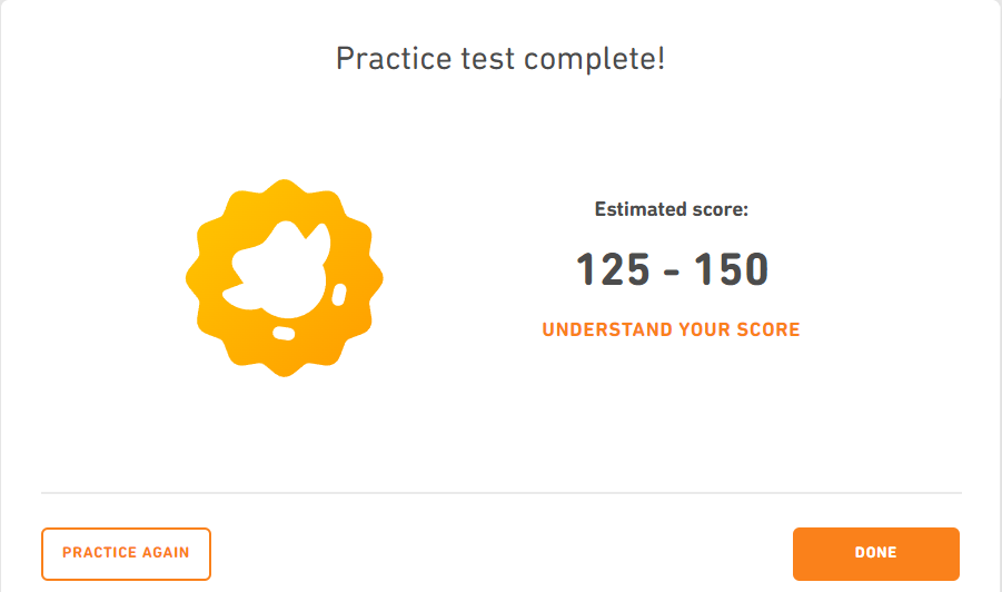 Screenshot showing how Duolingo gives you one estimated, overall score for the practice test.