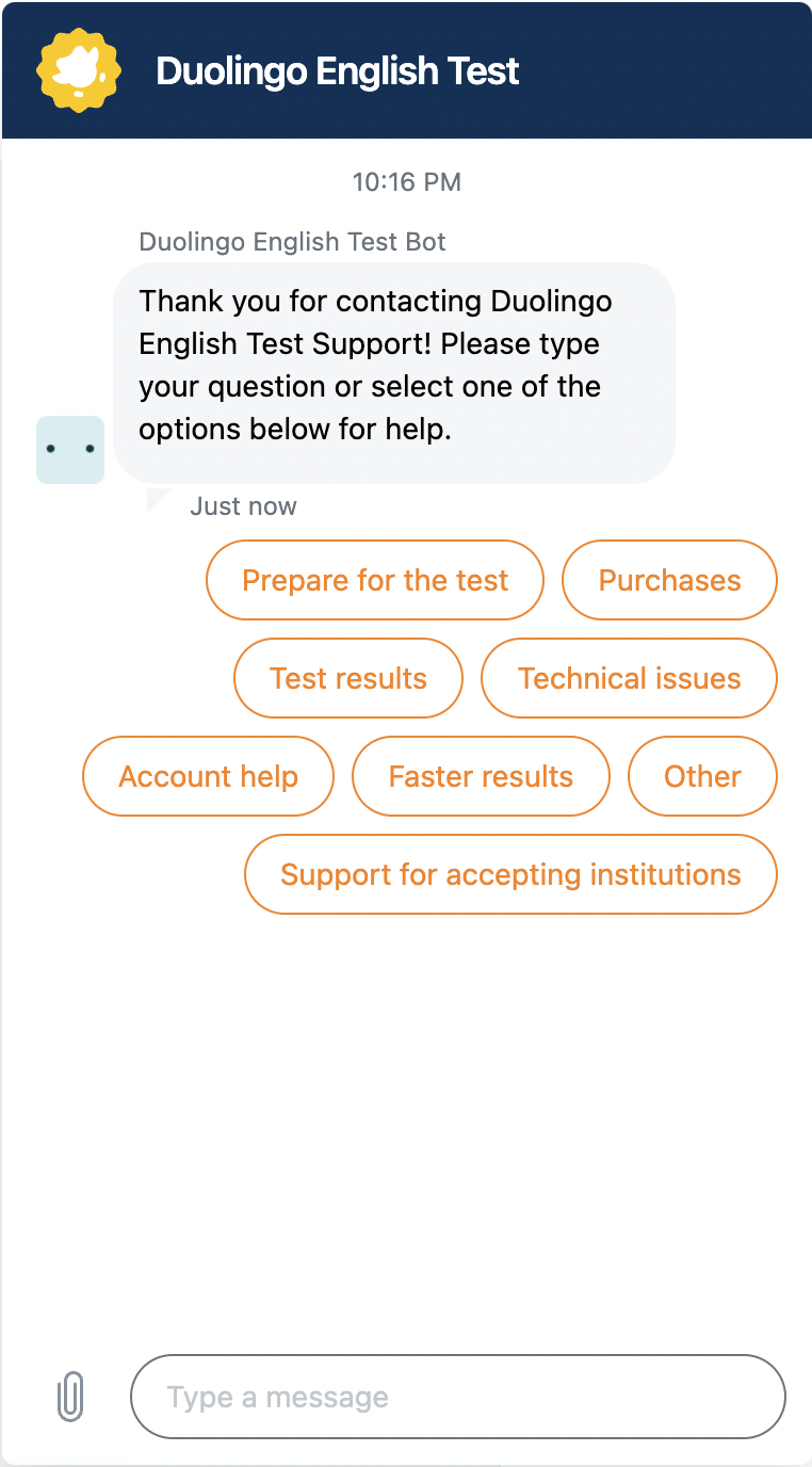 Duolingo English Test Support Chat en vivo