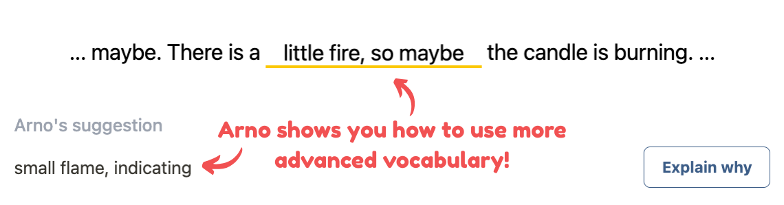 Screenshot showing how Arno shows you exactly where you can use more advanced vocabulary and raise your score.