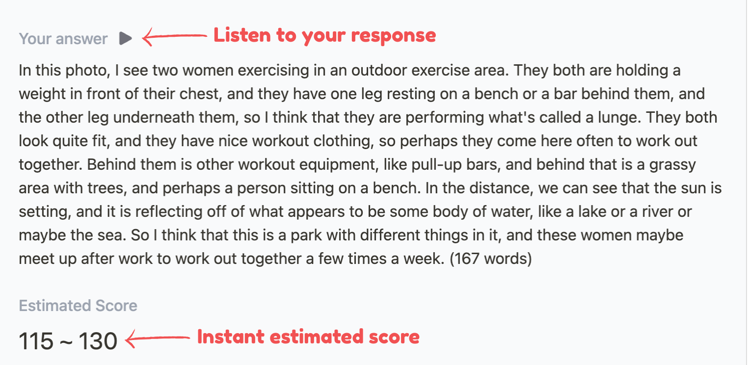 Screenshot showing how Arno gives you an instant, estimated score and allows you to listen to your response.