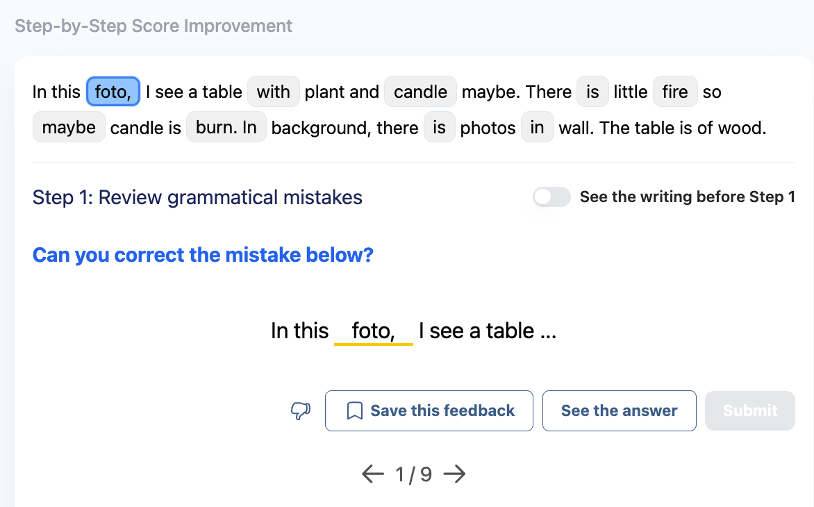 Screenshot of the grammar step of Arno's Step-by-Step Score Improvement system