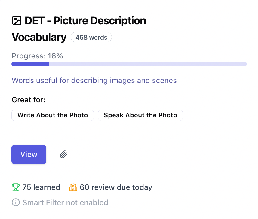 Screenshot of the Picture Description Vocabulary collection inside of Arno's Vocabulary Builder